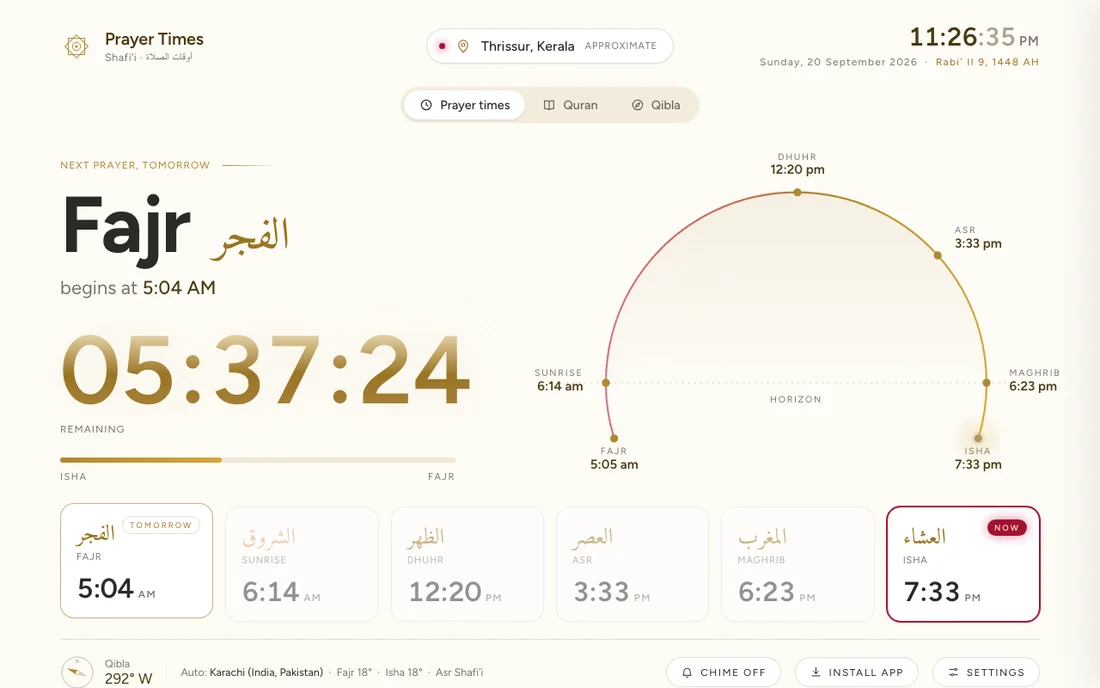 The prayer times screen